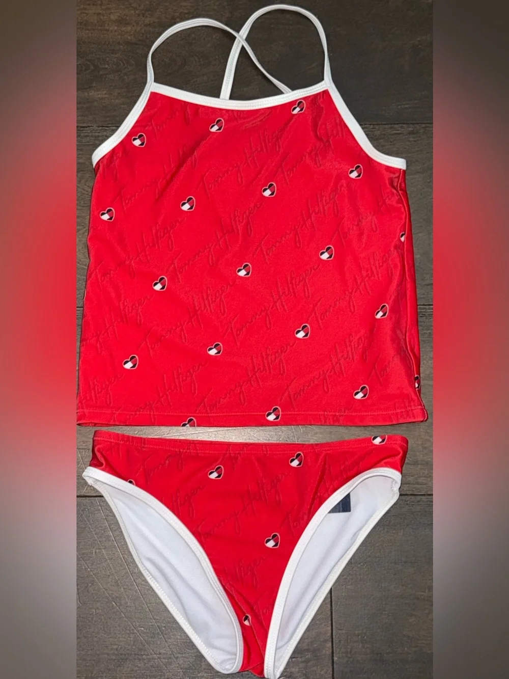 Tommy Hilfiger Girls Tankini Swimsuit Red Logo Heart Print Size L 12-14 UV NWOT